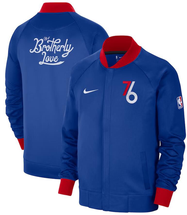 Men Philadelphia 76ers Blue Nike City Edition Full Zip Jacket 2023 NBA Jersey